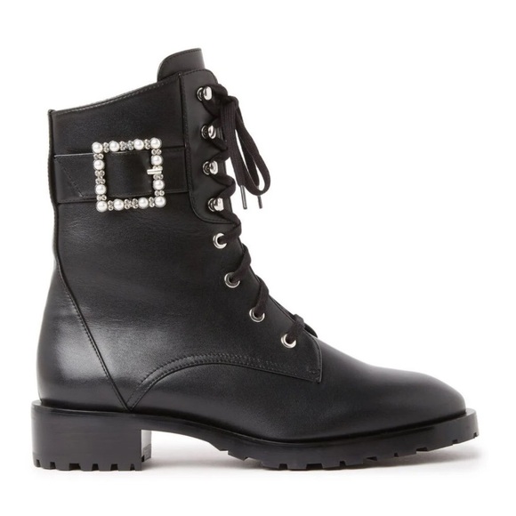 Stuart Weitzman pearl-embellished buckled combat boots